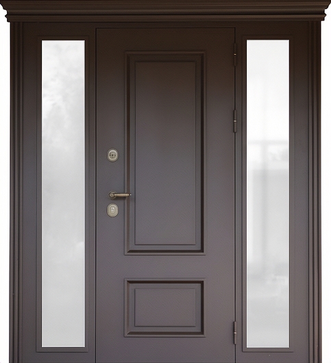 Входная термодверь со стеклами по бокам, металлобагетом и карнизом (порошковая покраска и МДФ)