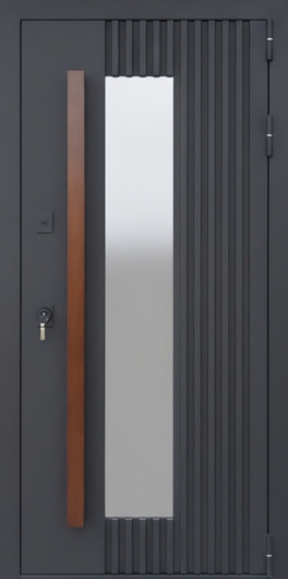 Остекленная входная термодверь с металлорейками, бугельной ручкой МДФ и порошковым покрытием графит