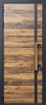 Входная термодверь с бугельной ручкой и шпонированными панелями МДФ Входная термодверь с бугельной ручкой и шпонированными панелями МДФ