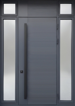 Современная входная группа с остеклением, бугельной ручкой и панелями МДФ RAL графит и ПВХ Современная входная группа с остеклением, бугельной ручкой и панелями МДФ RAL графит и ПВХ